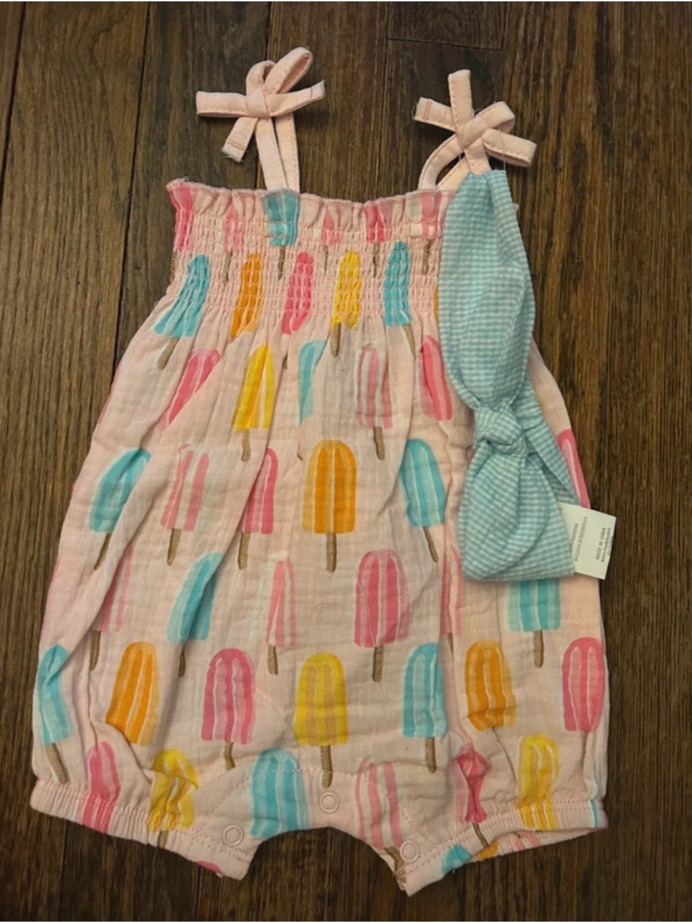 Mud Pie Baby Girl Popsicle Bubble Romper + Bow 3-6 Months Pink Summer